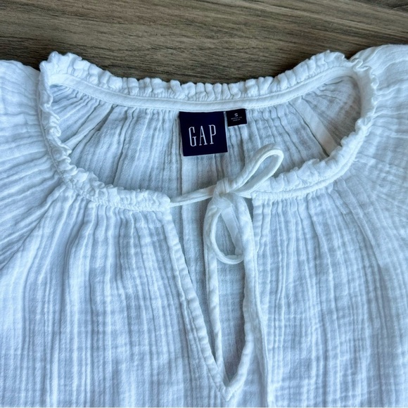 GAP White Crinkled Gauze Ruffle Sleeve Lightweight Boho Tie Neck Blouse Size S - Picture 3 of 9